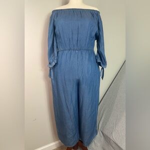 Magnolia Skye Tencel Chambray Romper 16 Blue‎ Wide Leg Tie Sleeve Off Shoulder